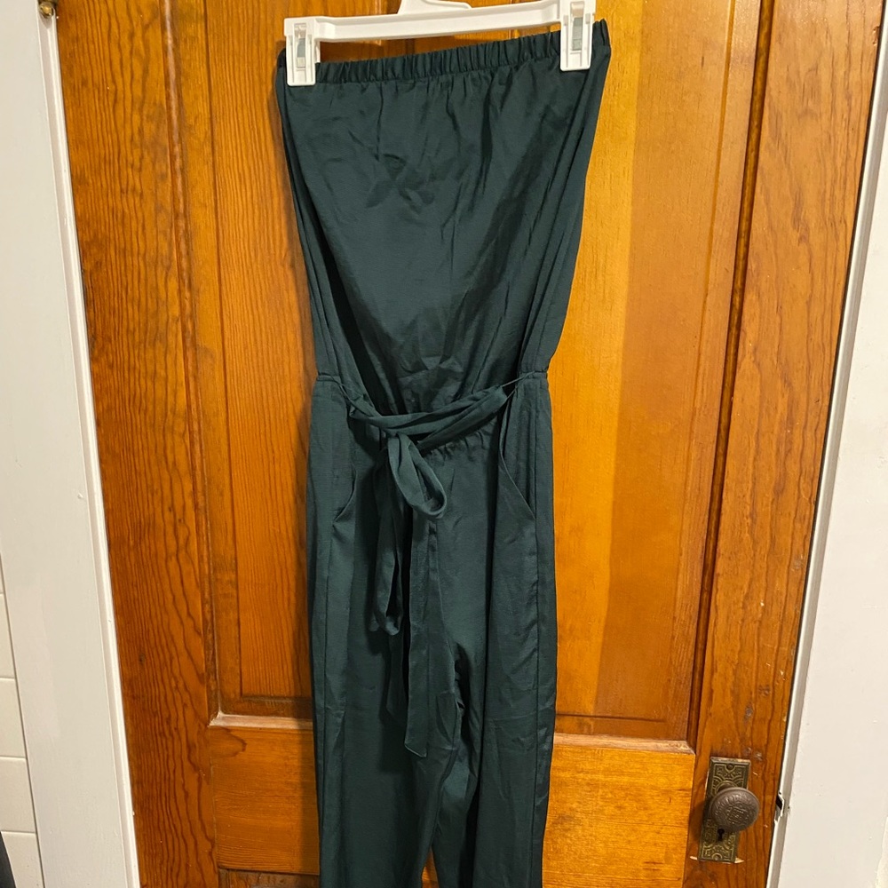 green strapless jumpsuit
